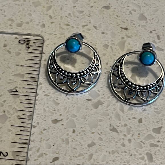 Elegant Faux Turquoise Lotus Stud Earrings - Picture 9 of 11